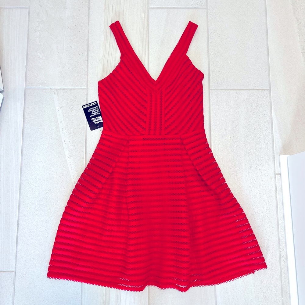 Express Vibrant Red Striped Fit-and-Flare Mini Dress